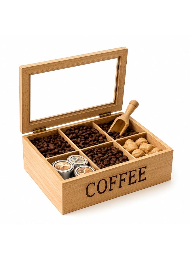 كادي ون صندوق تخزين خشبي مقسم الى عدة أقسام بغطاء علوي محكم الاغلاق، علبة تنظيم مع غطاء زجاجي شفاف بمفاصل معدنية لتخزين و تنظيم حبوب القهوة و الكبسولات مثالي للمطبخ و طاولة الضيافة - Image 2