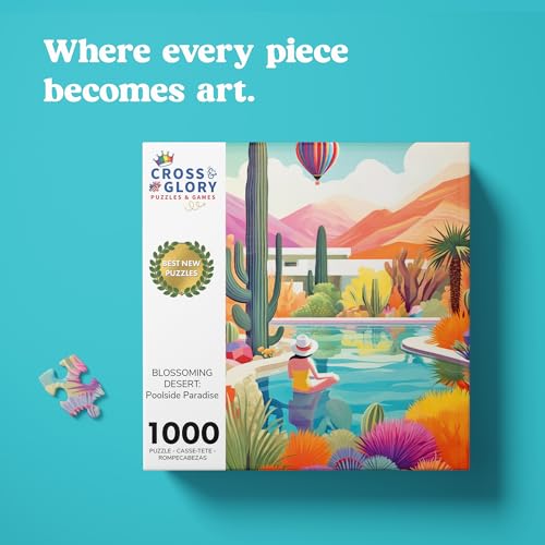 Cross & Glory Cross Glory Blossoming Desert Poolside Paradise 1000 Piece Jigsaw Puzzle for Adults Vibrant Desert Cactus Succulent Landscape 20x27 Inches Satin Finish - Image 5
