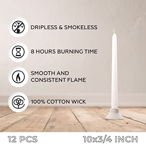 Sonedly 10 inch Taper Candle 12 Pack - Home Interior Long Burning Dripless and Smokeless Unscented Tapered Candles - 8-Hour Burning White - Image 2