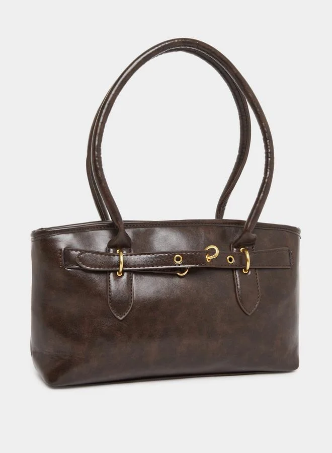 Styli Styli Brown Faux Leather Tote Bag with Eyelet Belt Accent