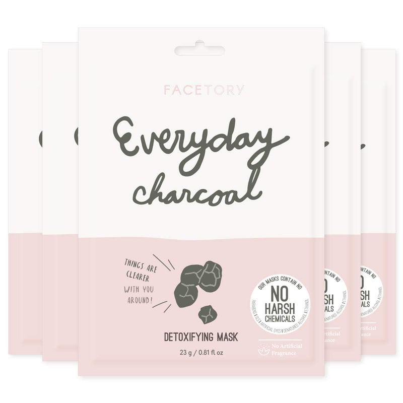 FACETORY K Beauty Face Mask Skin Care  Everyday CHARCOAL Detoxifying Sheet Mask  PlantBased Charcoal Face Mask 5 Pack