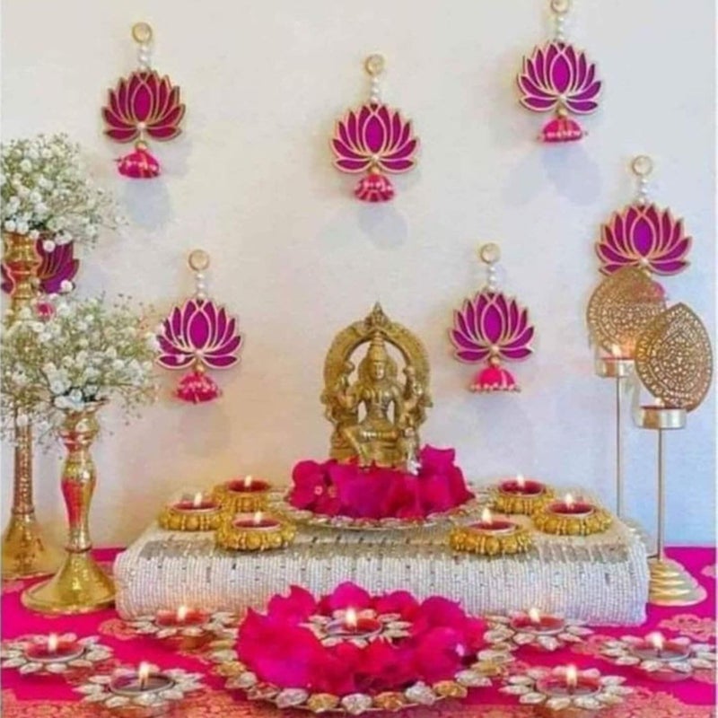 CREYENTES Handmade Lotus Jhumki Latkan For Decoration(Pack Of 6)Toran For Door,Backdrop Decoration,Pooja Room,Diwali,Wedding,All Festival Décor,Mdf Material Beautiful(Lotus Hanging Small 06),36 Cm - Image 1