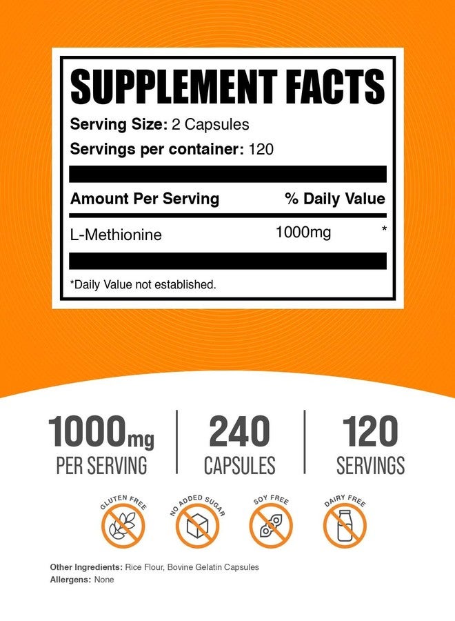 بالك سابلمنتس كبسولات إل-ميثيونين من BulkSupplements.com - مكملات غذائية من الأحماض الأمينية، مكملات الكولين، مكملات مضادات الأكسدة - خالية من الغلوتين، كبسولتان لكل جرعة، 240 كبسولة (عبوة واحدة) - Image 2