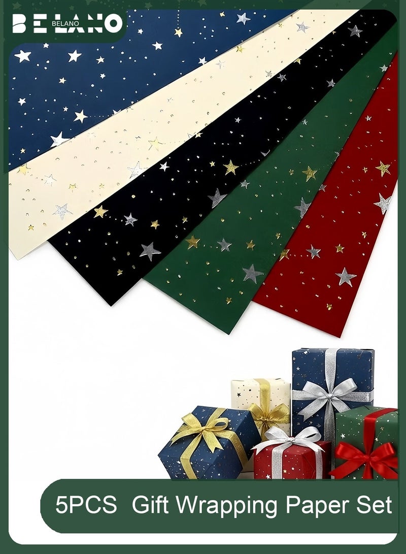 BELANO 5 Sheets Gift Wrapping Paper  Star Pattern, Present Packaging Foil Stamped, Holiday and Birthday Gift Wrap Mixed Colors (70cmX50cm) - Image 1