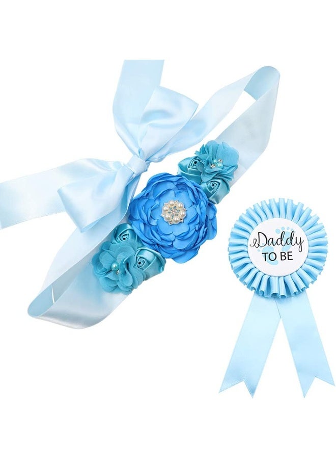 TTCOROCK Sky Blue Maternity Sash & Daddy to be Corsage Set - Baby Shower Sash Baby Boy Pregnancy Sash Keepsake Baby Shower Flower Belly Belt - Image 1