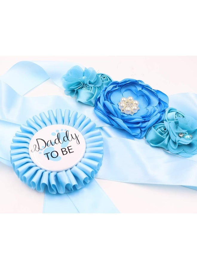 TTCOROCK Sky Blue Maternity Sash & Daddy to be Corsage Set - Baby Shower Sash Baby Boy Pregnancy Sash Keepsake Baby Shower Flower Belly Belt - Image 3