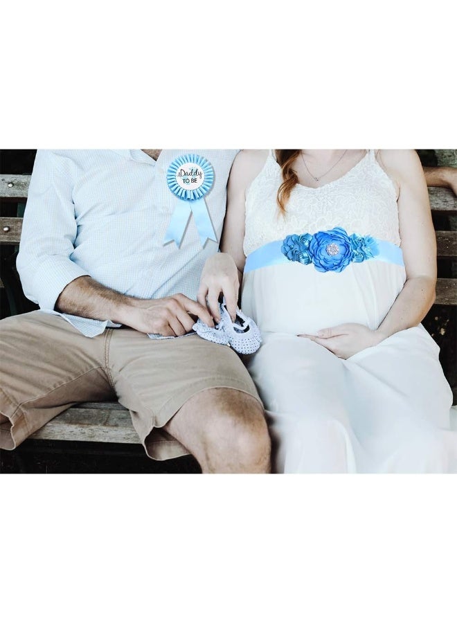 TTCOROCK Sky Blue Maternity Sash & Daddy to be Corsage Set - Baby Shower Sash Baby Boy Pregnancy Sash Keepsake Baby Shower Flower Belly Belt - Image 2