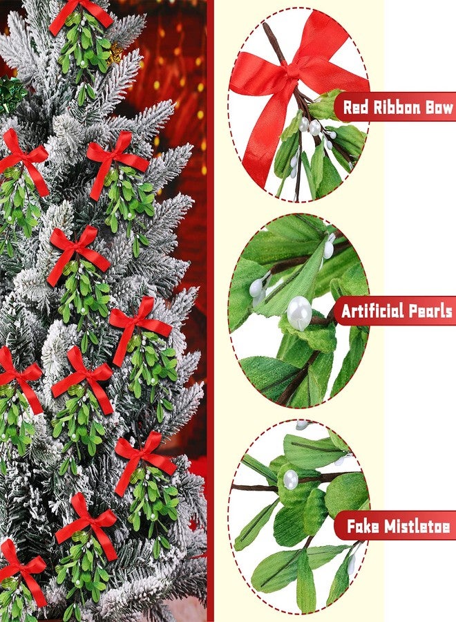 كانلير زينة عيد الميلاد الاصطناعية من نبات الدبق، أغصان الدبق المزيفة، نبات الدبق المعلق مع فيونكة حمراء وتوت أبيض، زينة معلقة من نبات الدبق لحفلات عيد الميلاد (12 قطعة) - Image 3