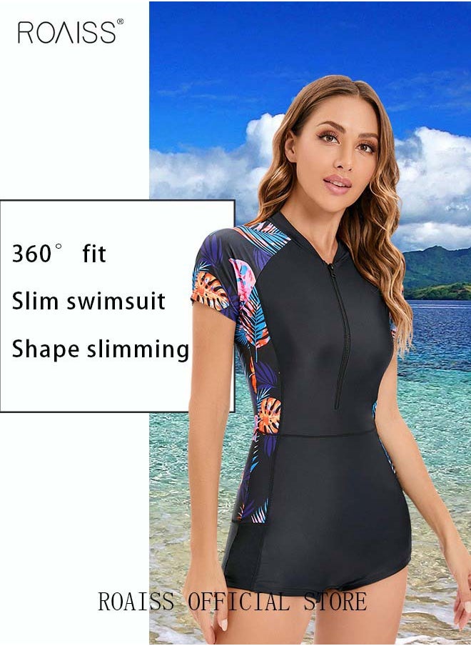 roaiss Women One Piece Swimsuit Color Block Surf Clothes Short Sleeve Swimwear Conservative Beachwear Bathing Suit Sports Suits Jumpsuit  - Image 3