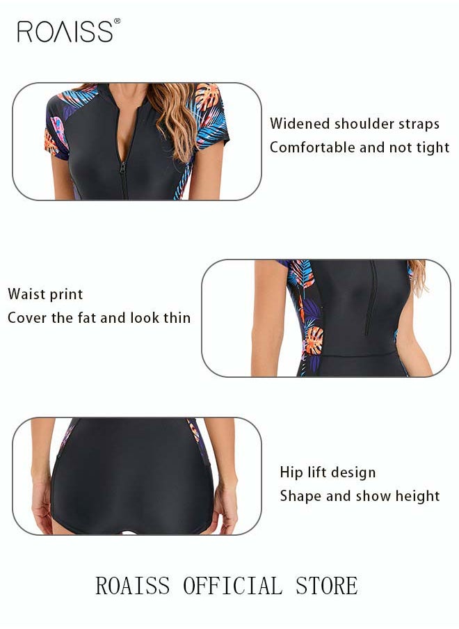 roaiss Women One Piece Swimsuit Color Block Surf Clothes Short Sleeve Swimwear Conservative Beachwear Bathing Suit Sports Suits Jumpsuit  - Image 4