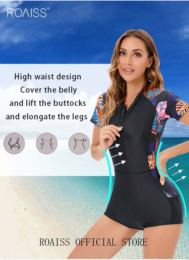 roaiss Women One Piece Swimsuit Color Block Surf Clothes Short Sleeve Swimwear Conservative Beachwear Bathing Suit Sports Suits Jumpsuit  - Image 2