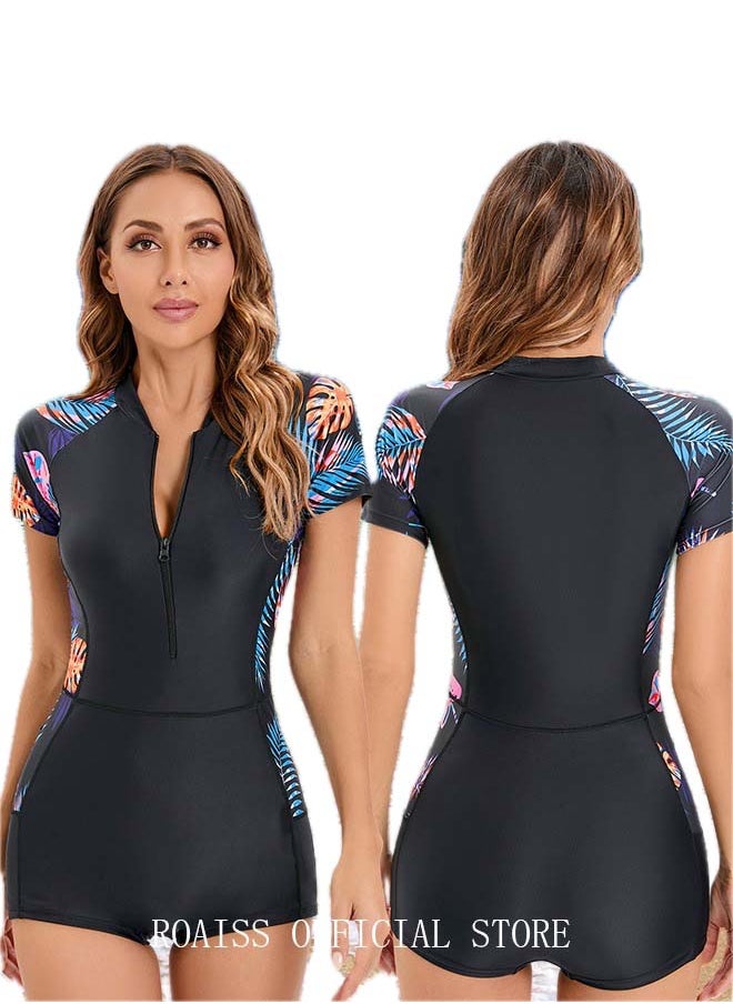 roaiss Women One Piece Swimsuit Color Block Surf Clothes Short Sleeve Swimwear Conservative Beachwear Bathing Suit Sports Suits Jumpsuit  - Image 1