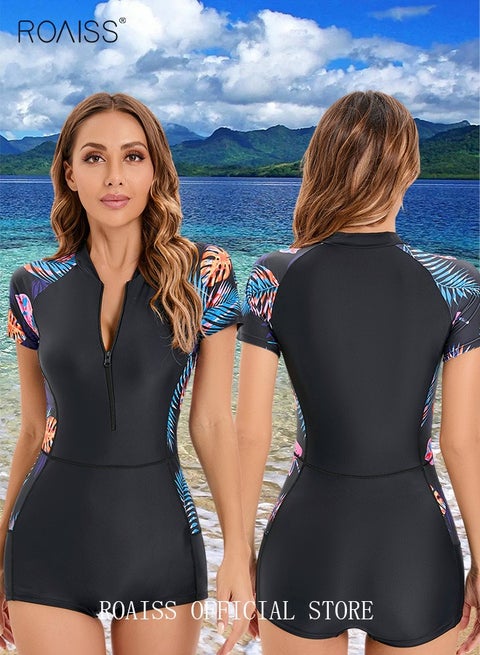 Women One Piece Swimsuit Color Block Surf Clothes Short Sleeve Swimwear Conservative Beachwear Bathing Suit Sports Suits Jumpsuit V-Neck Long-Sleeve Swimsuit Black
