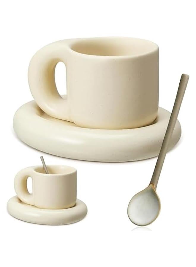 HOOKOR Chubby Funny Coffee Mug with Saucer 9 Oz Vintage Frosted Handmade Ceramic Mug Novelty Cute Cup and Saucer with Fat Handle for Office Home Latte Tea Milk - Image 1