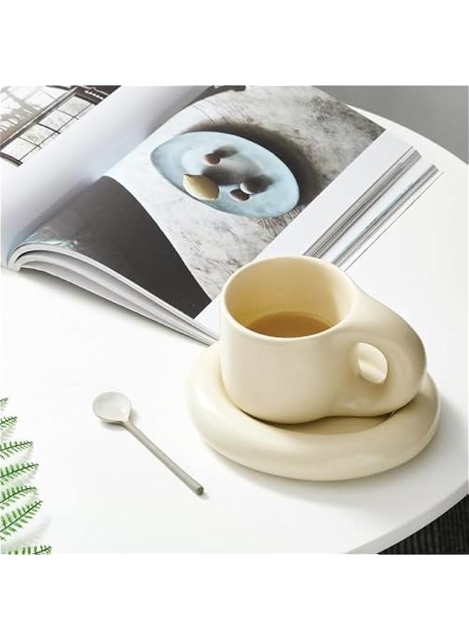 HOOKOR Chubby Funny Coffee Mug with Saucer 9 Oz Vintage Frosted Handmade Ceramic Mug Novelty Cute Cup and Saucer with Fat Handle for Office Home Latte Tea Milk - Image 2