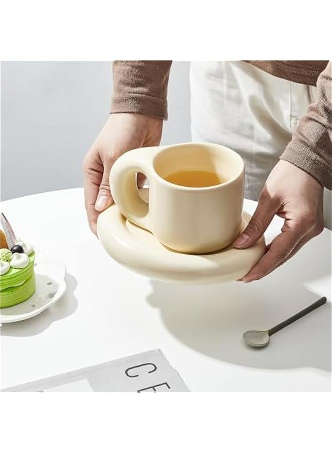 HOOKOR Chubby Funny Coffee Mug with Saucer 9 Oz Vintage Frosted Handmade Ceramic Mug Novelty Cute Cup and Saucer with Fat Handle for Office Home Latte Tea Milk - Image 4