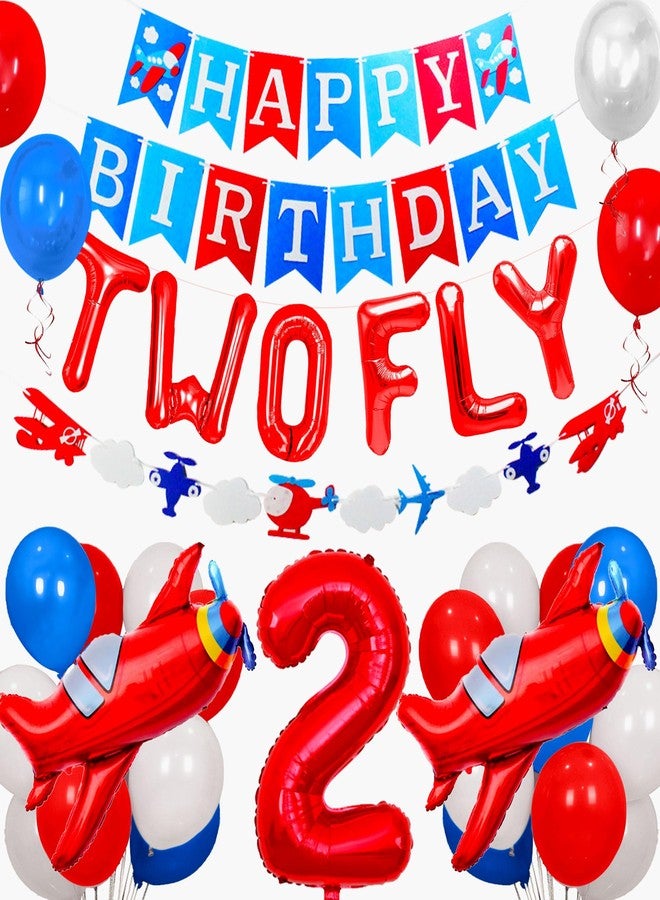 Roaring Good Time Airplane Birthday Decorations Two Fly Birthday Party Decorations Two fly for little guy Balloons Time Flies Party Decoration Airplane Party Banner (red) - Image 1