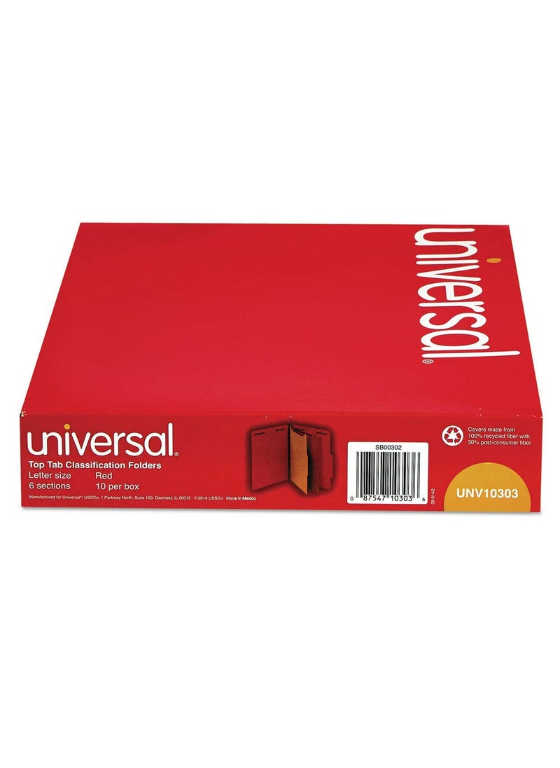 Universal - Pressboard Classification Folders, Letter, 6-Section, Ruby Red, 10/bx