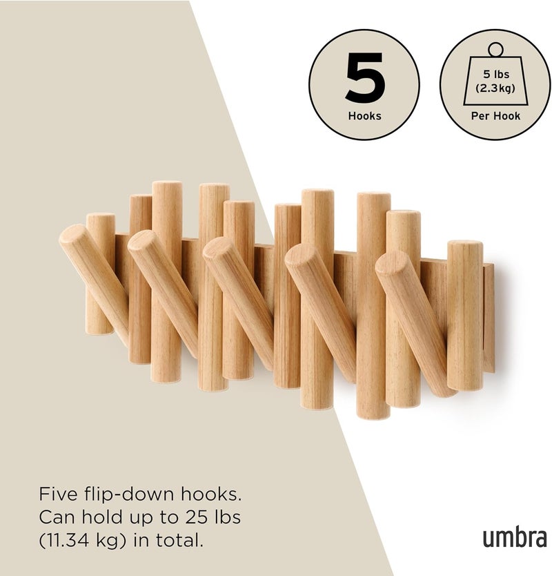 امبرا رف معاطف Umbra Picket معلق على الحائط – يحتوي على 5 خطافات خشبية قابلة للطي لأسفل؛ منظم تخزين عصري وعملي، سهل التركيب، مصنوع من خشب طبيعي. - Image 5
