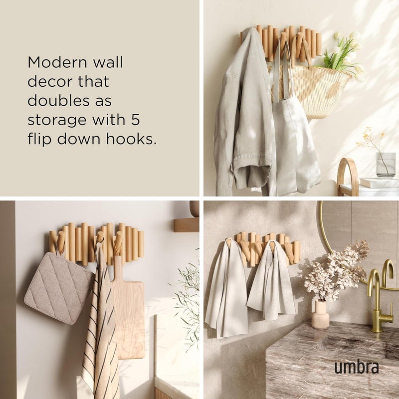 امبرا رف معاطف Umbra Picket معلق على الحائط – يحتوي على 5 خطافات خشبية قابلة للطي لأسفل؛ منظم تخزين عصري وعملي، سهل التركيب، مصنوع من خشب طبيعي. - Image 4