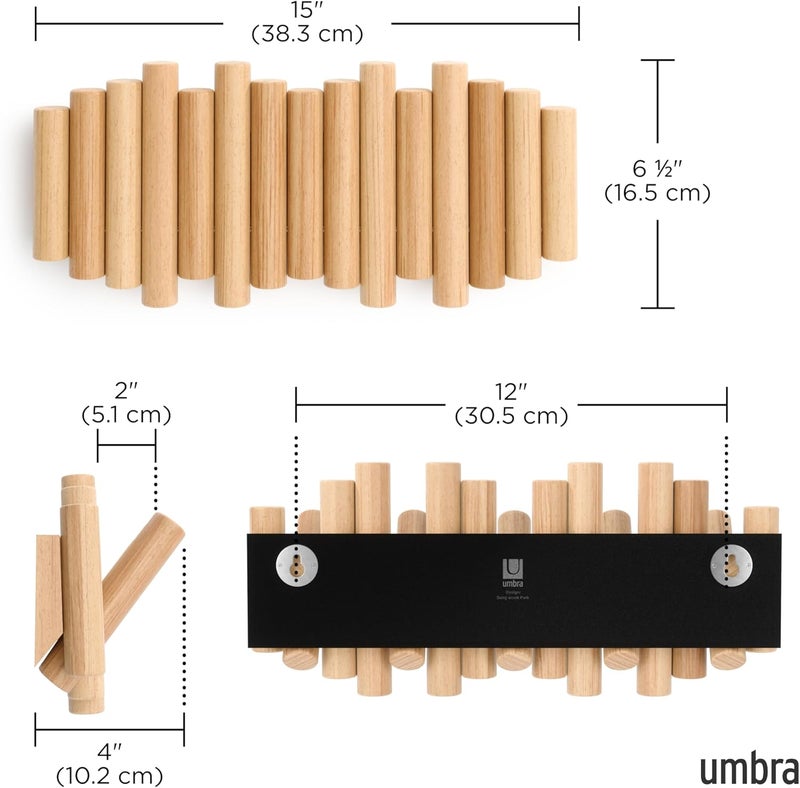 امبرا رف معاطف Umbra Picket معلق على الحائط – يحتوي على 5 خطافات خشبية قابلة للطي لأسفل؛ منظم تخزين عصري وعملي، سهل التركيب، مصنوع من خشب طبيعي. - Image 3