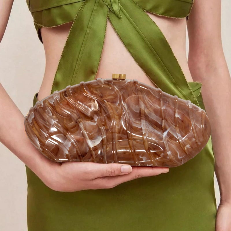 NEWROGENG Acrylic Clutch Purse for Women Evening Bag, Irregular Shell Acrylic Purse Box Clutch with Chain for Party Wedding Prom, Coffee - Image 4
