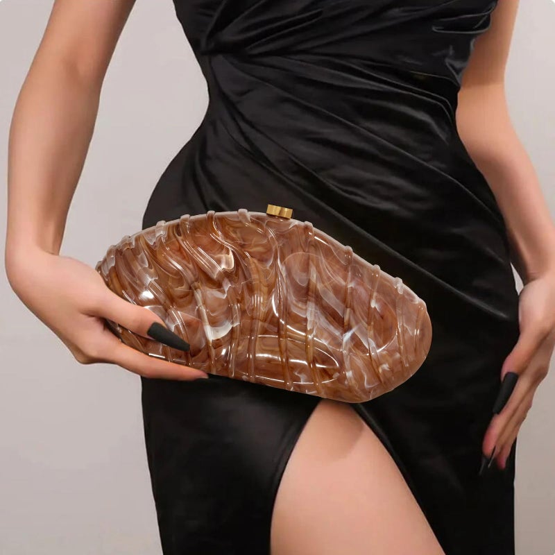 NEWROGENG Acrylic Clutch Purse for Women Evening Bag, Irregular Shell Acrylic Purse Box Clutch with Chain for Party Wedding Prom, Coffee - Image 2