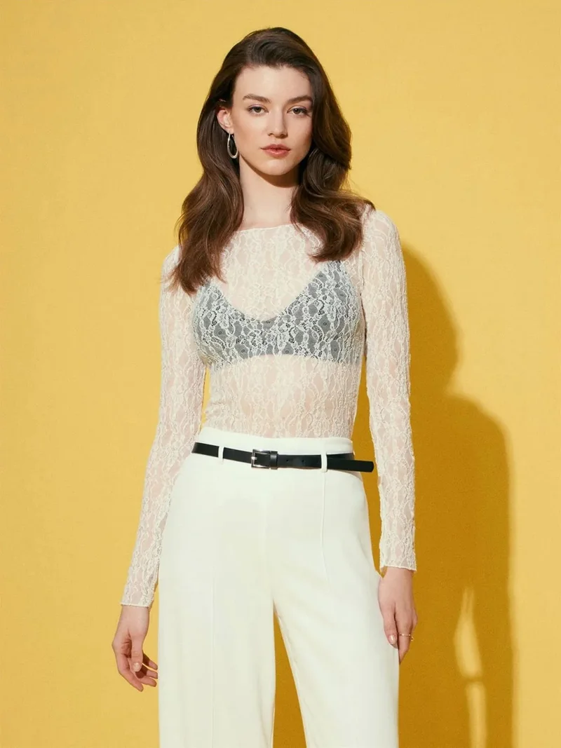 Dilvin DILVIN Slim Fit Lace Boat Neck Blouse