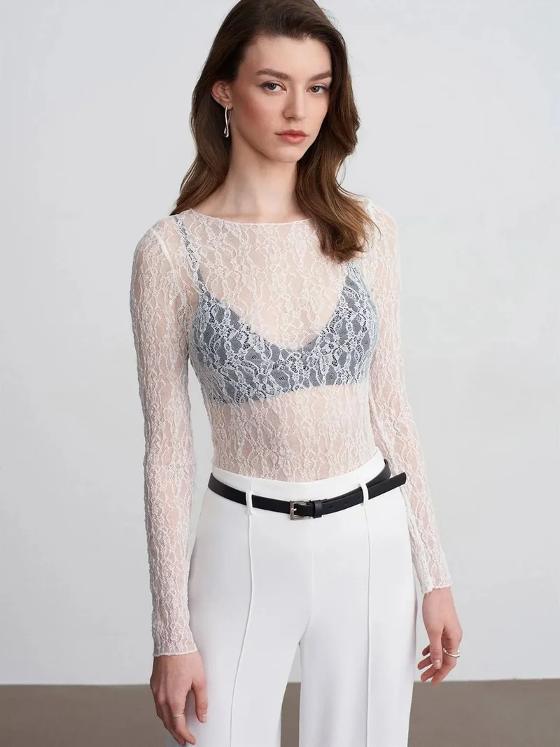 Dilvin DILVIN Slim Fit Lace Boat Neck Blouse