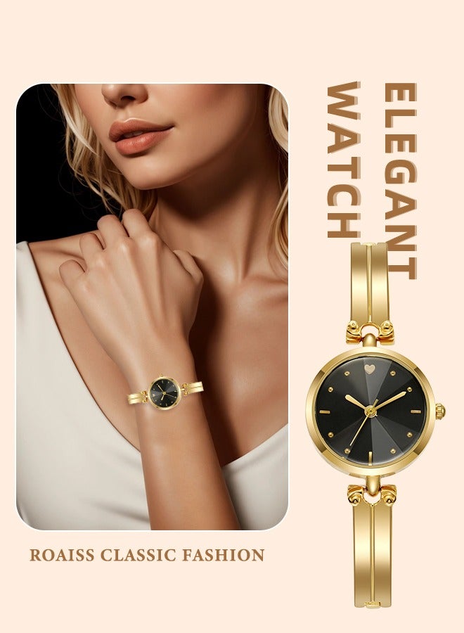 roaiss Women's Gold Bracelet Quartz Watch, Analog Display Round Black Dial Watch, Waterproof Retro Watch as Gift for Women  - Image 1