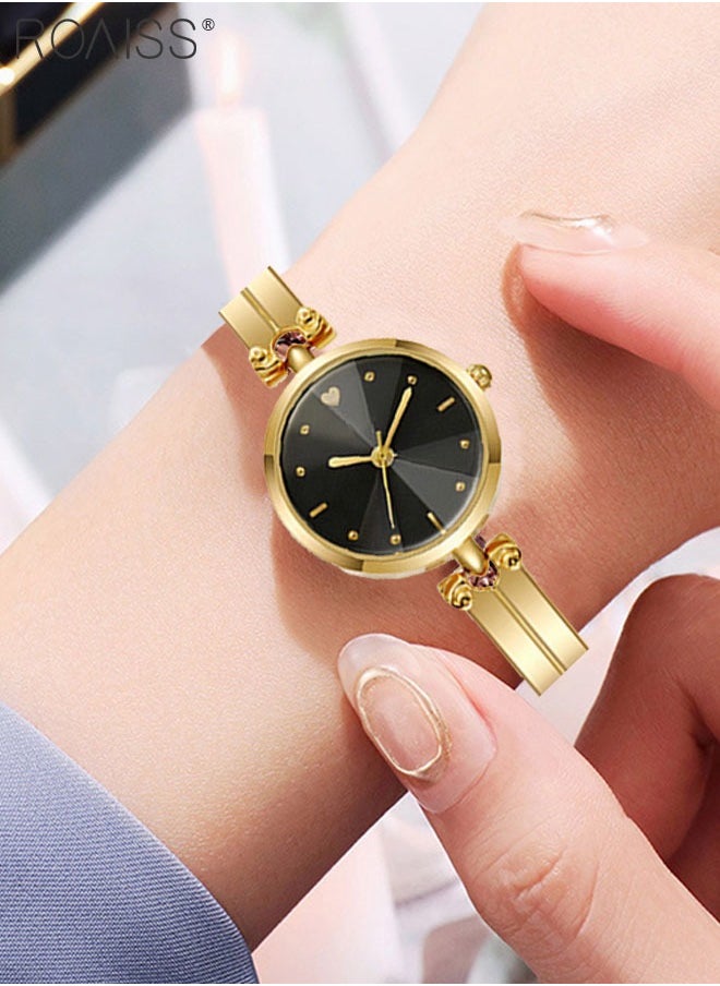 roaiss - Women's Gold Bracelet Quartz Watch, Analog Display Round Black Dial Watch, Waterproof Retro Watch as Gift for Women - Image 1