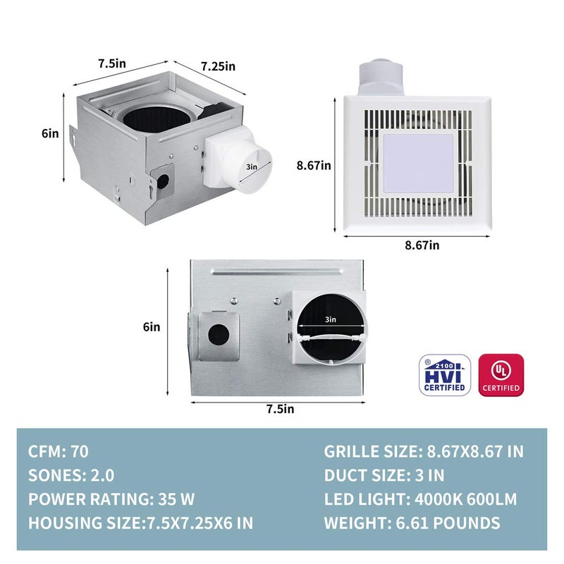 Tech Drive Very-Quiet 70 CFM, 2.0 Sone Bathroom Ventilation and Exhaust Fan With LED light 4000K 600LM(70CFM),Ceiling Mounted Fan,Easy to Install - Image 2