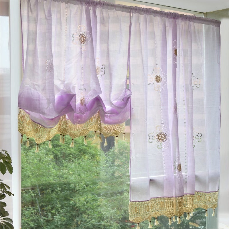 FADFAY Light Purple Embroidered Curtains for Living Room Balloon Curtain with Tassels Floral Window Drapes for Girls Stylish Single Layer Room Darkening Curtains for Bedroom (57" W, 69" H) - Image 1