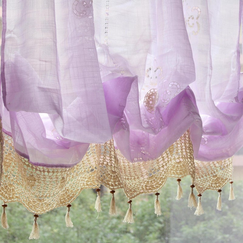 FADFAY Light Purple Embroidered Curtains for Living Room Balloon Curtain with Tassels Floral Window Drapes for Girls Stylish Single Layer Room Darkening Curtains for Bedroom (57" W, 69" H) - Image 4