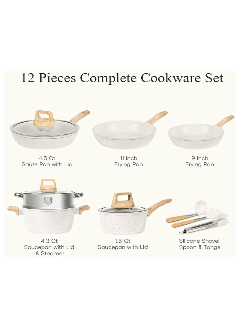 ناناو 12 قطعة من الأواني والأواني، مجموعات أدوات الطهي الجرانيت غير اللاصقة، طقم طبخ المطبخ الصحي السمي بالحث مع أواني القلي، صحن، وحدة الطهي بالبخار، حمض البيرفلوروكتانويك PFAS حمض البيرفلوروكتانويك حمض البيرفلوروكتانويك، أبيض - Image 4