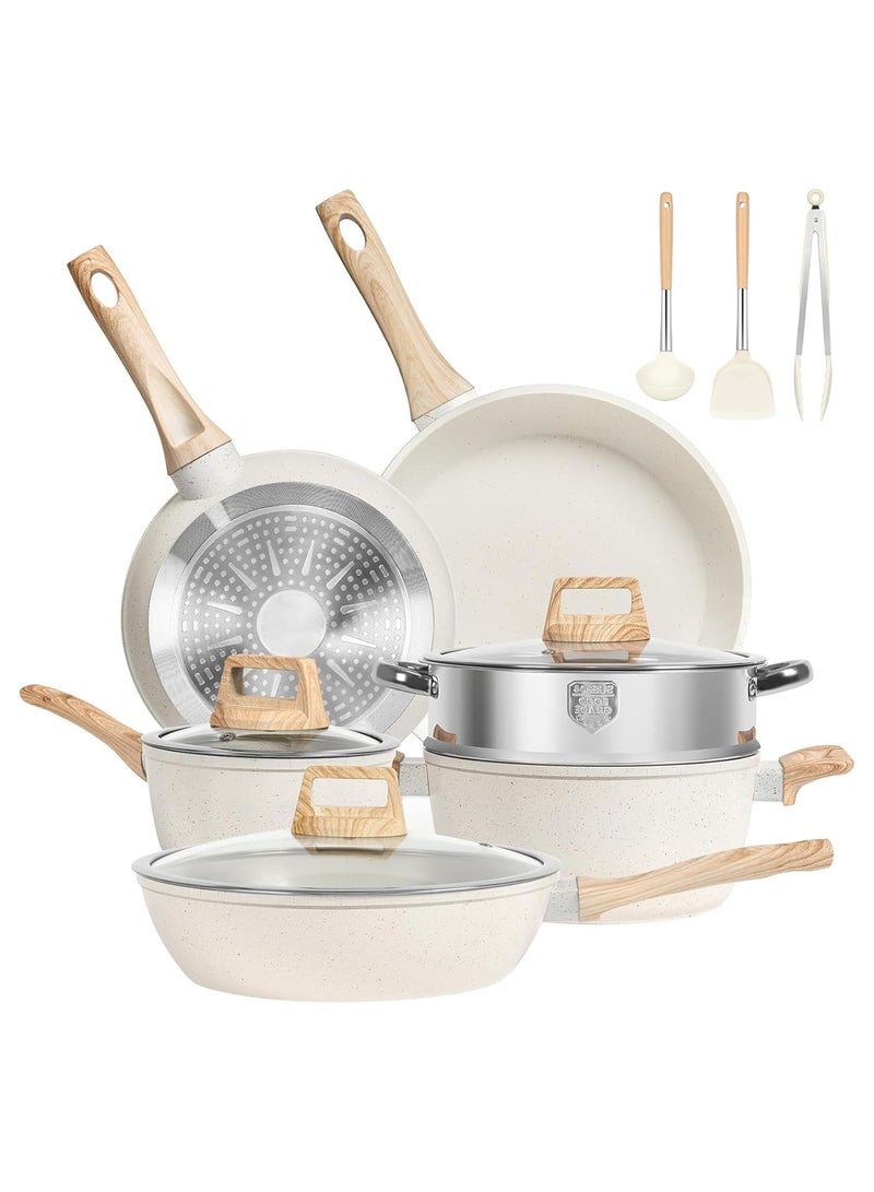 ناناو 12 قطعة من الأواني والأواني، مجموعات أدوات الطهي الجرانيت غير اللاصقة، طقم طبخ المطبخ الصحي السمي بالحث مع أواني القلي، صحن، وحدة الطهي بالبخار، حمض البيرفلوروكتانويك PFAS حمض البيرفلوروكتانويك حمض البيرفلوروكتانويك، أبيض - Image 1
