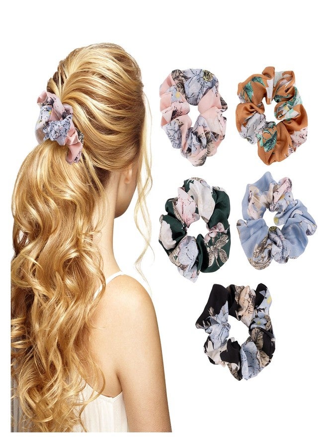 Framendino, 5 Pack Silk Satin Scrunchies Floral Printed Elastic Hair Ties Accessories Gift Set for Woman - Image 1