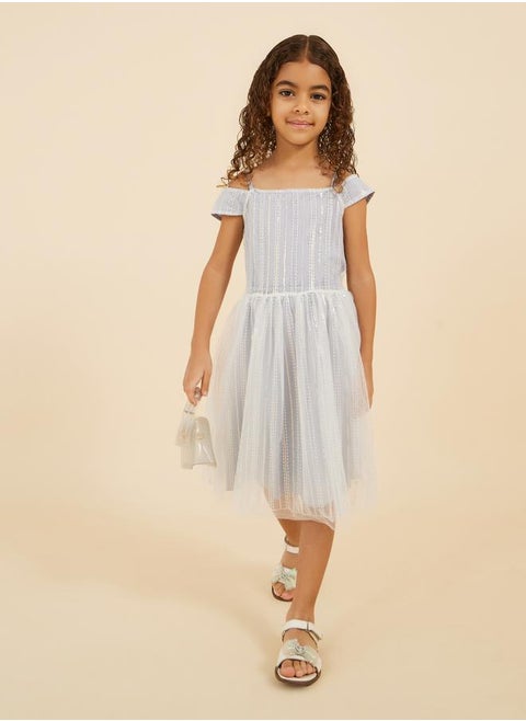 Embellished Sequins Mesh Gathered Detail Dress