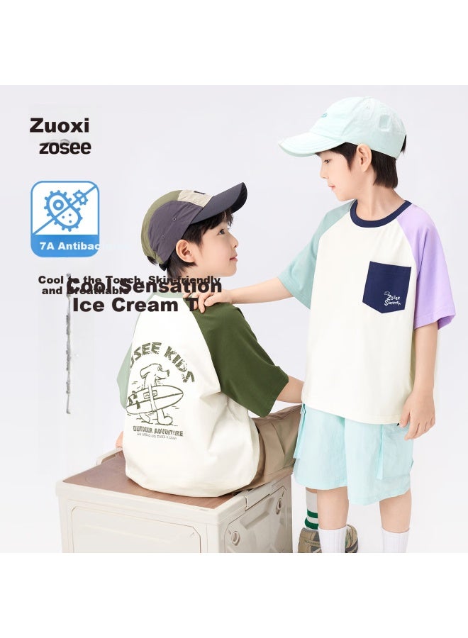 Zuoxi Boys' Short Sleeve T-shirt Children's Clothing Cool And Antibacterial Top Summer New Boys' Half Sleeve Green 150 - Image 2