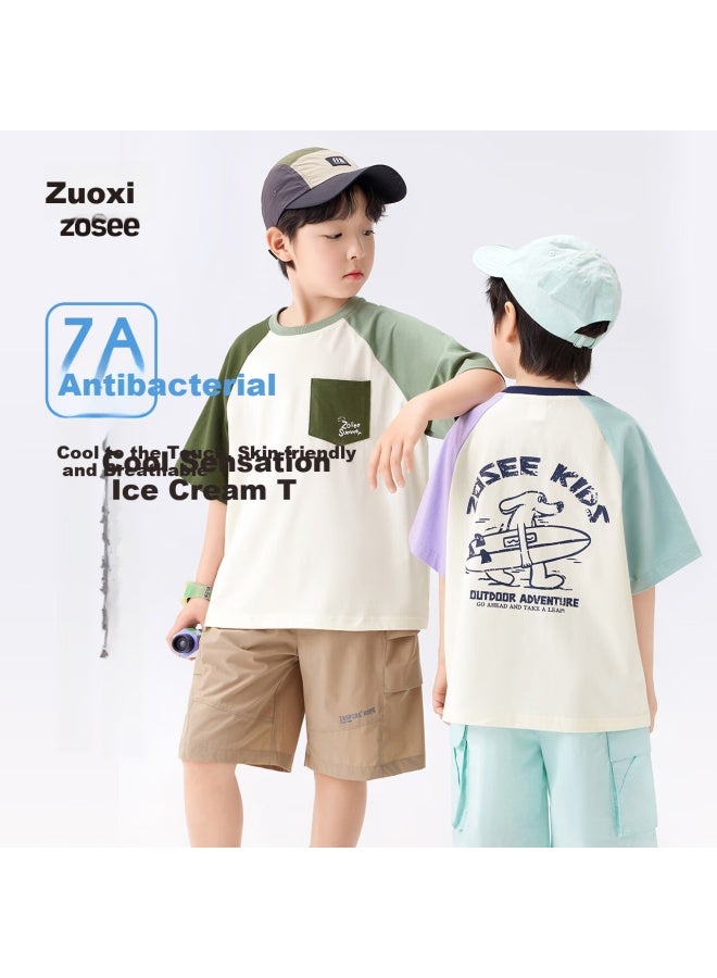 Zuoxi Boys' Short Sleeve T-shirt Children's Clothing Cool And Antibacterial Top Summer New Boys' Half Sleeve Green 150 - Image 1