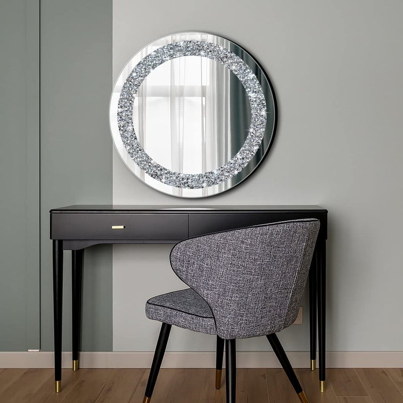 QMDECOR Crystal Crush Diamond Sparkly Round Silver Mirror for Wall Decoration 20x20x1 inch Wall Hang Frameless Bling Stylish Gorgeous Glam Mirror Vanity Home Decor. - Image 3