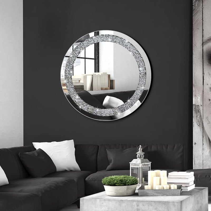 QMDECOR Crystal Crush Diamond Sparkly Round Silver Mirror for Wall Decoration 20x20x1 inch Wall Hang Frameless Bling Stylish Gorgeous Glam Mirror Vanity Home Decor. - Image 5