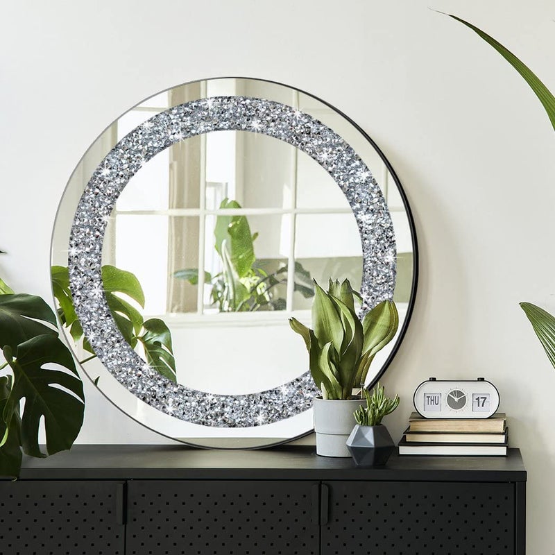 QMDECOR Crystal Crush Diamond Sparkly Round Silver Mirror for Wall Decoration 20x20x1 inch Wall Hang Frameless Bling Stylish Gorgeous Glam Mirror Vanity Home Decor. - Image 4