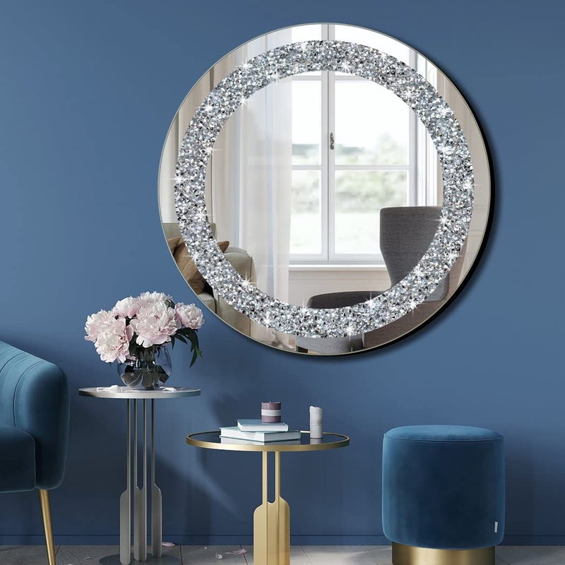QMDECOR Crystal Crush Diamond Sparkly Round Silver Mirror for Wall Decoration 20x20x1 inch Wall Hang Frameless Bling Stylish Gorgeous Glam Mirror Vanity Home Decor. - Image 2