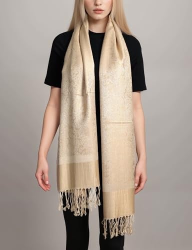 Achillea Two Tone Vintage Jacquard Paisley Pashmina Shawl Wrap Scarf (Champagne) - Image 2