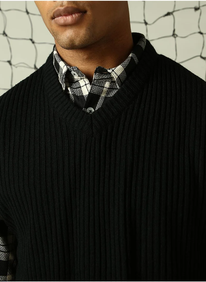 هوبرهولمي Men's Black 100% Acrylic Solid Relaxed Fit Sweater