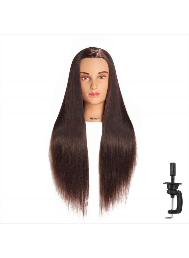 Hairingrid رأس تدريب تصفيف الشعر للمانيكين 26"-28" رأس دمية تجميلية شعر صناعي ومشبك حامل مجاني (R71907LB2T420) بني - Image 1