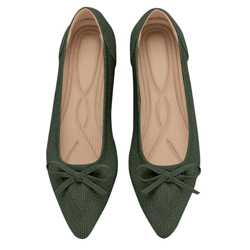 TINGRISE Womens Flats Pointed Toe Bow Knit Ballet Shoes Comfortable Dressy Mesh Slip On Flat Green US7 - Image 1