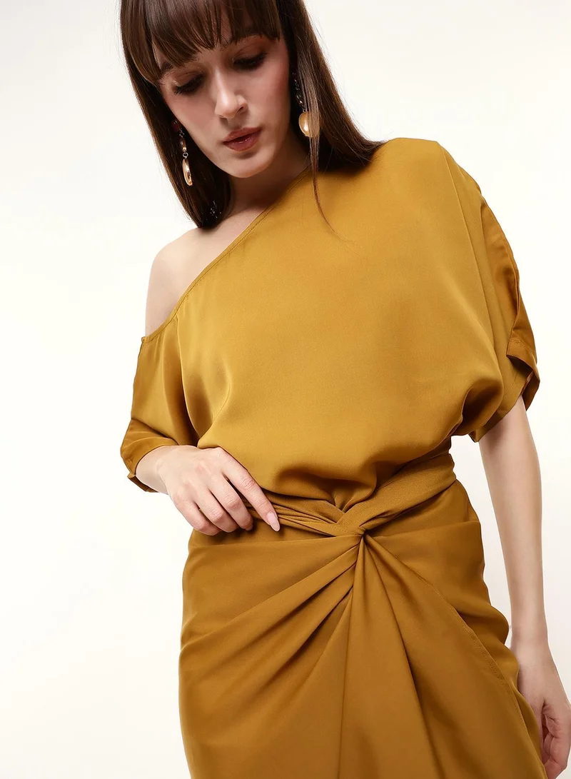دينيس لينغو Mustard Satin Solid Print Midi Asymmetrical Regular Fit Dress For Women