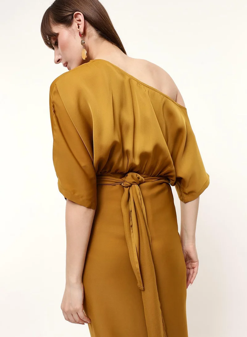 دينيس لينغو Mustard Satin Solid Print Midi Asymmetrical Regular Fit Dress For Women